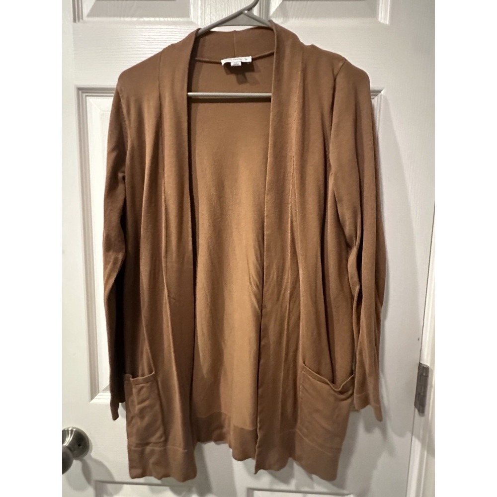 Susan Graver Women's Brown Camel Knit Open Front Cardigan Front Pockets Size XS